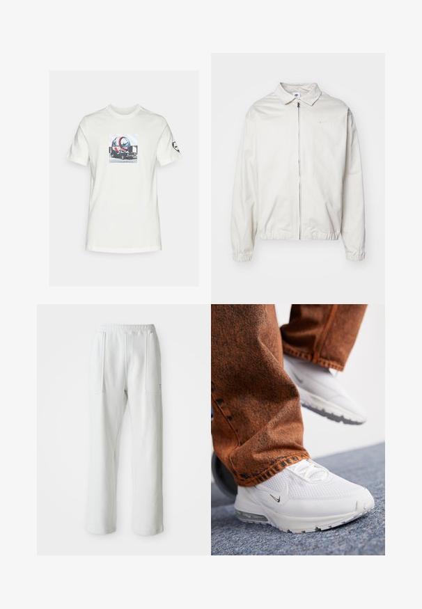 White, lightweight Nike jacket with a collared neckline, front zipper, elastic cuffs, and a small logo on the left chest. Smooth texture.; White cotton t-shirt featuring a graphic print of a futuristic vehicle with a circular design, displayed against a light blue geometric background.; White casual pants with an elastic waistband and large front patch pockets, displayed on a plain light background.; Nike Sportswear PULSE - Trainers - white/summit white