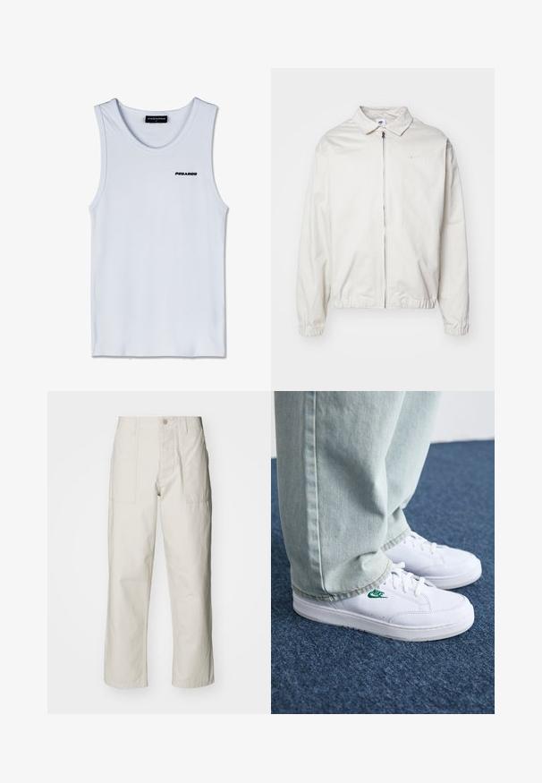 Fehér, könnyű Nike dzseki, galléros nyakkal, elöl cipzárral, elasztikus mandzsettákkal és kis logóval a bal melle részén. Simaszerű textúra.; Fehér, ujjatlan trikó, fekete "PEGADOR" logóval a mellkasán, valamint fekete címkével "PEGADOR M" a nyakrészen.; Világos bézs, bő szárú nadrág, pamutból készült. Elöl zsebekkel és gombos záródással rendelkezik. Simított textúrájú, finom függőleges csíkokkal.; Fehér bőr sportcipők zöld Nike logóval, kerek orral, lapos talppal, világoskék farmernadrággal párosítva, kék szőnyegen bemutatva.