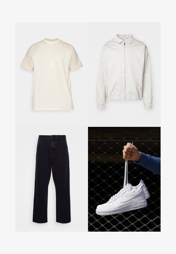 White, lightweight Nike jacket with a collared neckline, front zipper, elastic cuffs, and a small logo on the left chest. Smooth texture.; Cream-colored T-shirt with short sleeves and a round neckline, featuring a white "NEW YORK YANKEES" print and logo on the front.; Black denim trousers with a straight leg design, featuring a button and zip closure, belt loops, and minimal stitching details.; White leather sneakers with perforations, round toe, flat sole, and thick laces, featuring a visible swoosh logo and "AIR" on the heel.