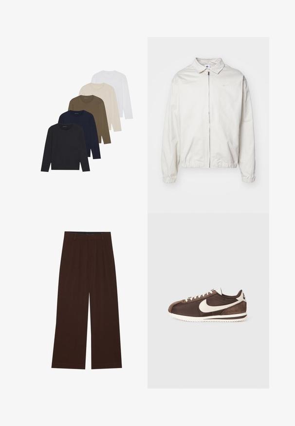 Bílá, lehká bunda Nike s límečkem, předním zipem, elastickými manžetami a malým logem na levé hrudi. Hladký povrch.; Pět sivých košil s dlouhým rukávem v barevném přechodu: tmavě námořnická, námořnická, olivově zelená, béžová a bílá. Každá má kulatý výstřih a hladkou texturu.; Hnědé kalhoty s širokým střihem a skladbami. Vyrobeny z hladké tkaniny, s upraveným pasem a postranními kapsami. Rovný lem na spodní straně.; Hnědé tenisky kombinující semiš a plátno, s bílým logem Nike swoosh a texturovanou gumovou podešví.