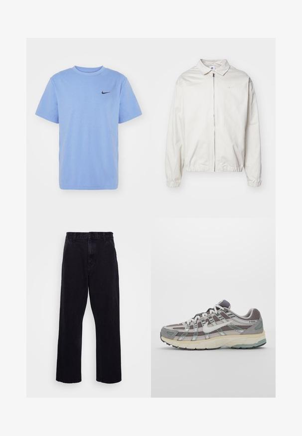 Chaqueta blanca y ligera de Nike con cuello tipo camisa, cremallera frontal, puños elásticos y un pequeño logotipo en el lado izquierdo del pecho. Textura suave.; Nike Performance HYVERSE - Camiseta deportiva - royal pulse/black; Pantalones de mezclilla negros con un diseño de pierna recta, que cuentan con un cierre de botón y cremallera, presillas para cinturón y detalles de costura mínimos.; Zapatilla deportiva gris con parte superior de malla y ante, acentos blancos, suela acolchada y un diseño distintivo con elementos reflectantes.