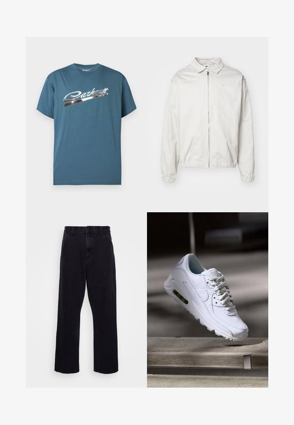 White, lightweight Nike jacket with a collared neckline, front zipper, elastic cuffs, and a small logo on the left chest. Smooth texture.; Teal t-shirt made of cotton blend, featuring a metallic silver "Carhartt" logo in a curved design across the chest. Short sleeves, round neckline.; Black denim trousers with a straight leg design, featuring a button and zip closure, belt loops, and minimal stitching details.; White leather sneaker with textured surfaces, padded collar, and visible air cushioning in sole. Features laces and a minimalistic design.