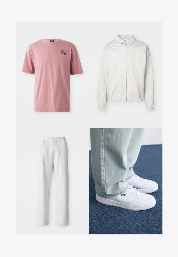 Λευκή, ελαφριά ζακέτα Nike με γιακά, μπροστινό φερμουάρ, ελαστικές μανσέτες και μικρό λογότυπο στο αριστερό στήθος. Απαλή υφή.; Ροζ βαμβακερό T-shirt με στρογγυλή λαιμόκοψη, κοντά μανίκια και μια μικρή γραφική απεικόνιση με το λογότυπο της μάρκας στο στήθος.; Λευκά casual παντελόνια με ελαστική μέση και μεγάλες μπροστινές τσέπες, τοποθετημένα σε απλή ανοιχτόχρωμη επιφάνεια.; Λευκά δερμάτινα sneakers με πράσινο λογότυπο Nike, στρογγυλή μύτη, επίπεδη σόλα, συνδυασμένα με ανοιχτό μπλε τζην παντελόνι, τοποθετημένα σε μπλε χαλί.