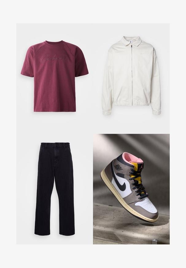 Valge, kerge Nike jakk, milles on krae, ees lukk, elastsed mansetid ja väike logo vasakul rinnal. Sile tekstuur.; Burgundia puuvillane T-särk lühikeste raglanvarrukatega ja tekstuuriga "Carhartt" logo, mis on esiküljel kontrastsetes toonides tikitud.; Mustad denimitüüpi püksid otse lõikega, varustatud nööbi ja tõmbluku kinnitusega, vöörihmadega ning minimaalsete õmbluse detailidega.; Valged, hallid ja mustad kõrged Nike Air Jordani sneakers, roosa sisetallaga ja kollase keelega, asetatud betoonpinnale.