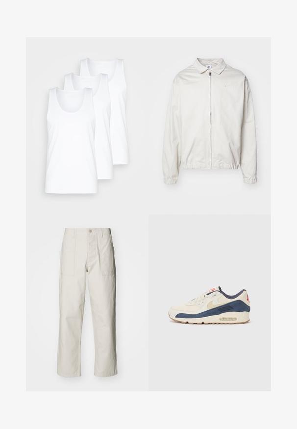 White, lightweight Nike jacket with a collared neckline, front zipper, elastic cuffs, and a small logo on the left chest. Smooth texture.; Three white cotton tank tops with round necklines and wide shoulder straps, displayed in a stacked arrangement, smooth texture, simple design.; Light beige wide-leg pants made of cotton. Features front pockets and a button closure. Smooth texture with subtle vertical lines.; Sneakers with a cream leather and navy suede upper, featuring a visible air sole, beige rubber outsole, and red accent on the heel.