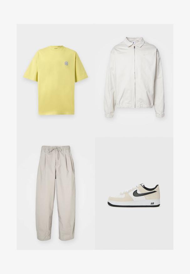 Giacca Nike bianca, leggera, con colletto, zip frontale, polsini elasticizzati e un piccolo logo sul lato sinistro del petto. Texture liscia.; T-shirt di cotone giallo limone con maniche corte, collo rotondo e un piccolo logo blu sul lato sinistro del petto. Texture morbida, vestibilità comoda.; Pantaloni beige leggeri con vita elastica e coulisse. Presentano delle pieghe e una vestibilità ampia, realizzati in tessuto morbido e liscio.; Sneaker con una parte superiore in suede beige chiaro e pelle bianca, logo Nike Swoosh nero, dettagli neri e una suola in gomma bianca con il marchio "AIR".
