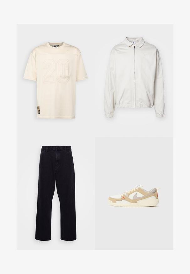 Balta, lengva Nike striukė su apykakle, priekiniais užtrauktuku, elastingomis rankogaliais ir maža logotipu kairiajame krūtinės kampe. Lygus paviršius.; New Era Marškinėliai su spaudiniu - beige; Juodi džinsiniai kelnių modeliai su tiesia kojų forma, turintys sagą ir užtrauktuką, diržo kilpos ir minimalūs siuvimo detalės.; Baltos ir kreminės spalvos sportbačiai su tinklelio ir zomšos detalėmis, pilkų akcentų, raudonu logotipu ir oranžiniu kilimėliu. Suapvalinta noselė ir paminkštintas pado dizainas.