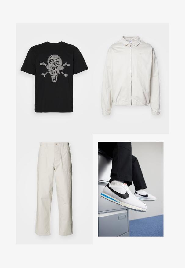 White, lightweight Nike jacket with a collared neckline, front zipper, elastic cuffs, and a small logo on the left chest. Smooth texture.; Black cotton t-shirt featuring a metallic silver ice cream skull graphic with crossbones, short sleeves, and a classic crew neck design.; Light beige wide-leg pants made of cotton. Features front pockets and a button closure. Smooth texture with subtle vertical lines.; White leather sneakers with a black Nike swoosh, light blue and grey rubber sole, and classic lace-up design. Feet resting on a filing cabinet.