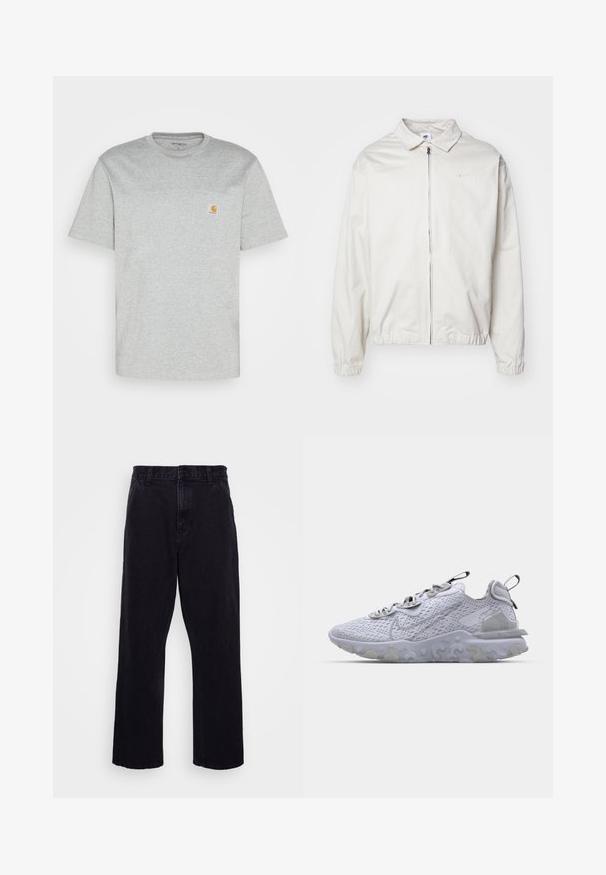 Biela, ľahká bunda Nike s golierom, predným zipsom, elastickými manžetami a malým logom na ľavej strane hrudníka. Hladká textúra.; Šedé bavlnené tričko s krátkymi rukávmi a okrúhlym výstrihom. Má ľavú náprsníkovú kapsu a malé logo značky v oranžovej farbe na kapsičke.; Čierne džínsy s rovného strihu, ktoré majú zapínanie na gombík a zips, pútka na opasok a minimálne švy.; Svetlo šedá športová obuv s priedušným sieťovaným zvrškom, textúrovanou gumovou podrážkou a reflexnými akcentmi. Obsahuje polstrovaný golier a šnurovací dizajn.