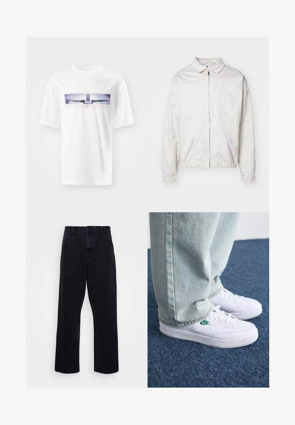 White, lightweight Nike jacket with a collared neckline, front zipper, elastic cuffs, and a small logo on the left chest. Smooth texture.; White cotton t-shirt featuring a central printed design of a player with outstretched arms, text reading "WINGS," and subtle graphic details.; Black denim trousers with a straight leg design, featuring a button and zip closure, belt loops, and minimal stitching details.; White leather sneakers with green Nike logo, round toe, flat sole, paired with light blue denim pants, shown on a blue carpet.