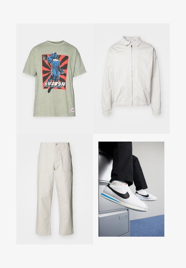 Weiße, leichte Nike-Jacke mit kragenförmigem Ausschnitt, Reißverschluss vorne, elastischen Bündchen und einem kleinen Logo auf der linken Brust. Glatte Textur.; Grünes Baumwoll-T-Shirt mit einem blauen Superhelden-Design und dem Text "SWOOSH" auf einem roten und schwarzen Burst-Hintergrund. Gerippter Rundhalsausschnitt.; Helle beige weit geschnittene Hose aus Baumwolle. Verfügt über Fronttaschen und einen Knopfverschluss. Glatte Textur mit dezenten vertikalen Streifen.; Weisse Ledersneaker mit schwarzem Nike-Swoosh, hellblauem und grauem Gummisohle sowie klassischem Schnürdesign. Füße ruhen auf einem Aktenschrank.