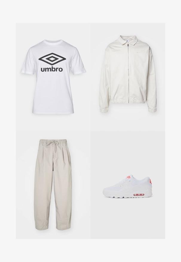 Jachetă Nike albă, ușoară, cu guler, fermoar frontal, manșete elastice și un logo mic pe pieptul stâng. Textură netedă.; Tricou alb din bumbac, cu un mare logo negru "Umbro" și un grafic cu diamant pe față. Mâneci scurte, guler rotund, croi clasic.; Pantaloni bej, ușori, cu talie elastică și șnur. Prezintă pliseuri și o croială lejeră, realizată dintr-un material moale și neted.; Adidașii albaștri de sport au o parte superioară netedă, sistem de închidere cu șireturi, talpă cu amortizare și o unitate de aer vizibilă cu accente roșii pe branding.