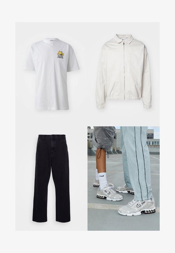 Casaco Nike branco e leve, com gola, fecho frontal, punhos elásticos e um pequeno logótipo no lado esquerdo do peito. Textura suave.; T-shirt de algodão branco com um design de mangas curtas, decote redondo e um gráfico colorido bordado de uma abelha e texto no peito.; Calças de denim pretas com um design de perna reta, apresentando um fecho de botão e zíper, passantes para cinto e detalhes de costura mínimos.; Ténis de desporto Nike em material de malha prateada, com atacadores brancos, um logo Swoosh preto e uma sola de amortecimento em negro e vermelho.