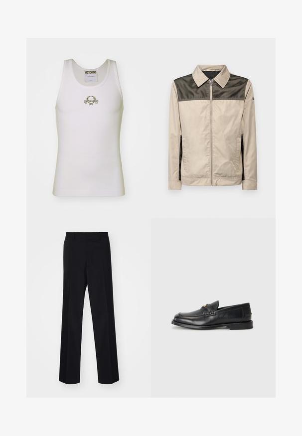 Beżowa kurtka z czarną siateczkową wstawką na ramionach. Posiada kołnierz, zamek błyskawiczny z przodu oraz boczne kieszenie. Gładka tekstura.; Biały, prążkowany podkoszulek z goldowym haftowanym logo i dekoracyjnymi akcentami, okrągłym dekoltem i bezrękawowym fasonem.; Czarne spodni z szerokimi nogawkami, charakteryzujące się gładką teksturą i wyraźnymi fałdami, wykonane z tkaniny tkanej.; Czarne skórzane mokasyny mają okrągły nos, przeszycia oraz mały złoty akcent z przodu. Podeszwa jest płaska i dyskretna.