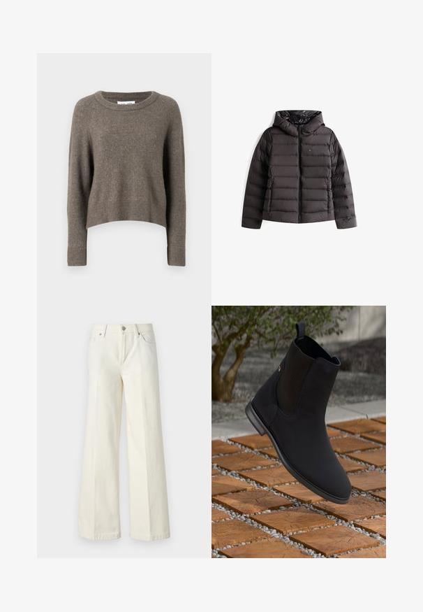 Čierna prešívaná bunda s kapucňou a predným zipsom. Obsahuje prešívané polstrovanie, elastické manžety a lesklú vnútornú podšívku. Prítomné logo Tommy Jeans.; Tmavo hnedý skrátený sveter vyrobený z mäkkého materiálu, s okrúhlym výstrihom, dlhými rukávmi a rebrovanými manžetami a lemom.; Biele džínsy s širokými nohavicami vyrobené z bavlnenej zmesi. Majú zips, päť vreciek a švy so zafarbením.; Čierne členkové topánky s elastickým bočným panelom, ktoré sú vo vzduchu nad drevenými štvorcovými dlaždicami s kamienkami v exteriérovom prostredí.