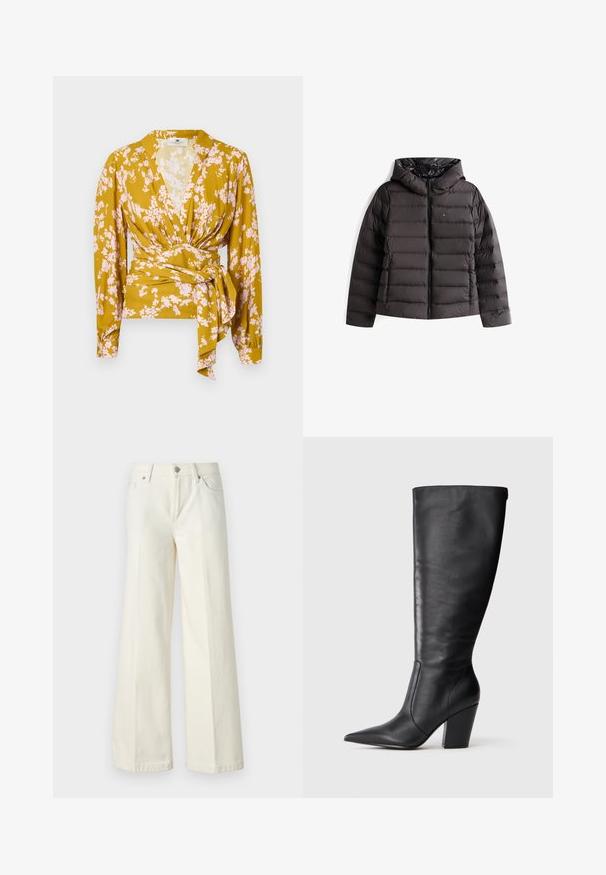 Črna puffer jakna z zadrgo in kapuco. Ima kviltano podlogo, elastične manšete in sijočo notranjo podlogo. Prisutno je tudi logo Tommy Jeans.; Cvetna bluzica z ovitkom v gorčično rumeni barvi s pink cvetnimi vzorci, dolgimi rokavi in detajlom z vezi v pasu. Gladka tekstura tkanine.; Široke bele kavbojke so narejene iz mešanice bombaža. Imajo zadrgo, pet žepov in šive vzdolž šivov.; Črne usnjene škornje do kolen s koničastim nosom in debelim visokim peto, prikazane v levem bočnem profilu na beli podlagi.