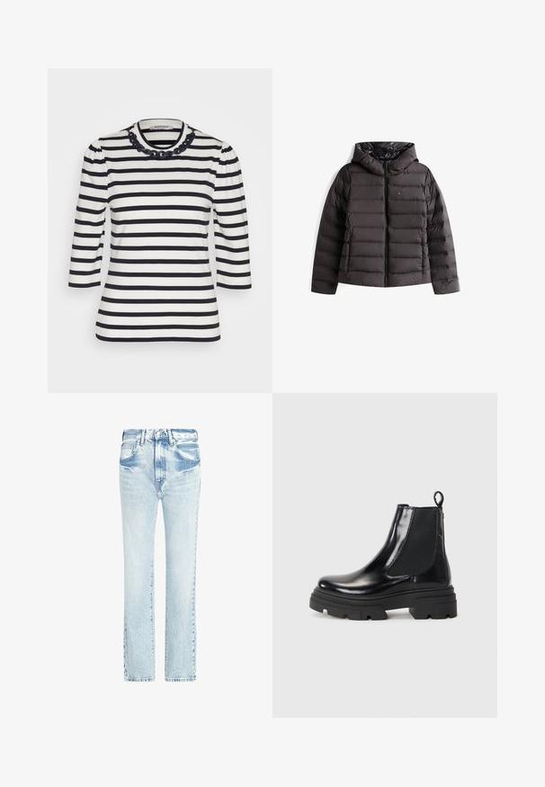 Black puffer jacket with a zip front and a hood. Features quilted padding, elastic cuffs, and a glossy interior lining. Tommy Jeans logo present.; Striped shirt featuring horizontal black and white stripes, three-quarter sleeves, a high neck, and a decorative black chain accent around the collar.; Light blue denim jeans with a straight leg design, five pockets, and a faded texture. Features visible stitching and a classic button closure.; Black leather ankle boots with a sleek design, elastic side panels, and a chunky black sole. Features a pull tab at the back for easy wear.