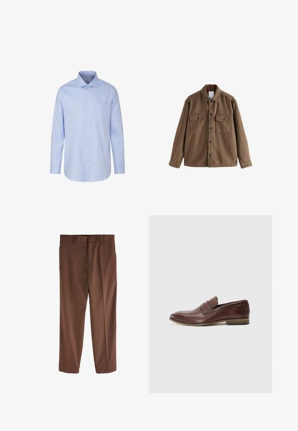 Bruine wolmengsel jas met een knoopsluiting aan de voorkant, twee borstzakken en een klassieke kraag. Gladde textuur en relaxte pasvorm.; Lichtblauwe overhemd met lange mouwen van katoen, met een knoopsluiting aan de voorkant, kraag en een enkele borstzak. Gladde textuur.; Bruine op maat gemaakte broeken met een gladde textuur, recht model, riemlussen en een enkele voorplooien. Geen zichtbare zakken of accenten.; Bruine leren instapschoen met een gestructureerd paneel, een lichtpuntige neus en een kleine hak. Inclusief decoratieve stiksels.
