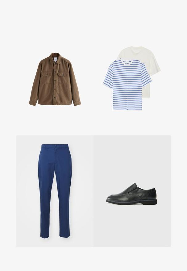 Ruskea villasekoitekangas takki napituksella, kahdella rintataskulla ja klassisella kauluksella. Sileä pinta ja rento istuvuus.; Kaksi lyhythihaista t-paitaa: yksi valkoinen sinisillä raidoilla ja yksi tasaisen vaalean kerma. Pehmeää puuvillamateriaalia, pyöreä kaula-aukko, rento istuvuus.; Tummansinisiä chinohousuja, jotka on valmistettu sileästä kankaasta. Housuissa on napitus, vyölenkit ja kapenevat lahkeet. Minimalistinen muotoilu ilman kuvioita.; Musta nahkainen liukujalkine, jossa on sileä pinta, ommeltuja yksityiskohtia, pyöristetty kärki ja matala kumipohja. Pohjassa on minimaalinen pito.