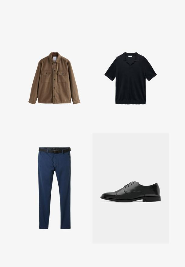 Giacca in misto lana marrone con chiusura frontale a bottoni, due tasche sul petto e colletto classico. Texture liscia e vestibilità comoda.; Polo shirt nera a maniche corte con scollatura a V, colletto piatto e texture a costine. Il materiale sembra leggero e liscio.; Pantaloni blu navy realizzati in un tessuto liscio, con una vita piatta, tasche laterali e una cintura nera con una fibbia quadrata.; Scarpa da uomo in pelle nera con punta rotonda, design con lacci, dettagli di cucitura discreti e tacco basso. Texture liscia con finitura lucida.