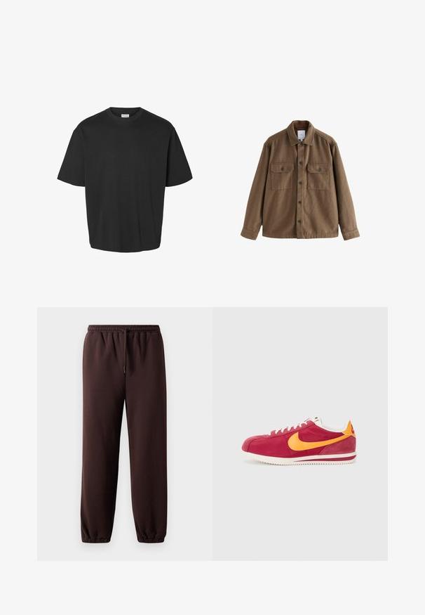 Brūna vilnas sajaukuma jaka ar pogu aizdari, divām krūšu kabatām un klasisku apkakli. Gluda tekstūra un brīva piegriezuma.; Melna īsām piedurknēm T-kreklā, kas izgatavots no mīkstas kokvilnas. Piedāvā brīvu piegriezumu, apaļu kakla izgriezumu un vienkāršu dizainu bez redzamām apdrukām vai akcentiem.; Brūnas sporta bikses ar aukliņu jostasvietā, elastīgām apkaklēm un gludu kokvilnas materiālu. Piedāvā brīvu piegriezumu un minimālu dizainu.; Sarkani zamšādas kedas ar dzelteniem akcentiem, baltām auklām un reljefu zoli. Klasisks dizains ar noapaļotu pirkstu un logotipa detaļu uz sāniem.