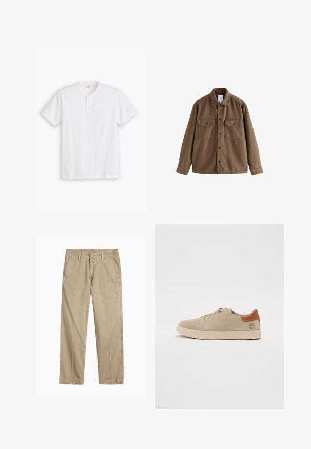 Pruun villasegu jope, millel on nupuklapp, kaks rinna taskut ja klassikaline krae. Sujuv tekstuur ja mugav lõige.; Valge lühikeste varrukatega henley-särk, mis on valmistatud puuvillast, ümmarguse kaelusega, kolme nupuga sulgemisega ja õlal diskreetne logo.; Beeži sirged säärte chinos-püksid, millel on vööloopide, esipainutatud nupud ja tõmblukk ning kaldega esikotid.; Beige nubukist ketsid, millel on õmmeldud kujundus, heledast kummist tald ning pruuni nahast aksessuurid kandadel ja logol.