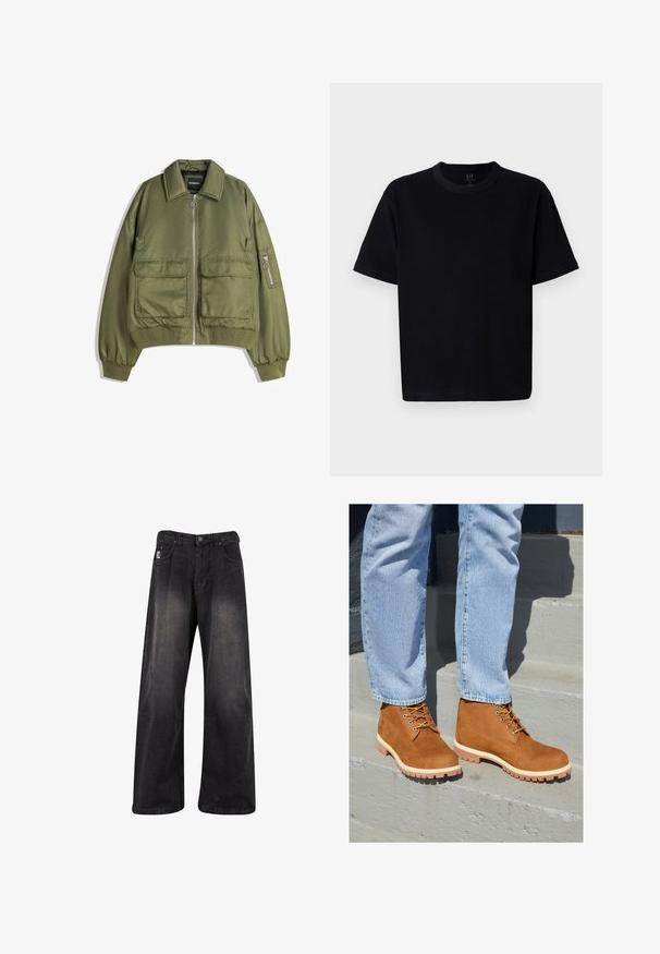 Olivengrøn bomberjakke lavet af letvægtsstof, med lynlås foran, to frontlommer og ribbede manchetter og kant.; Sort bomulds t-shirt med rund halsudskæring, korte ærmer og lige snit. Har minimal syning og en blød, glat tekstur.; Sorte bukser i denim med brede ben og en falmet finish, der har knaplukning, fem lommer og et mærke på fronten til venstre.; Brune ruskinds ankelstøvler med gule snørebånd og hvide såler, der har et robust mønster, båret med lyseblå denimjeans på trin.