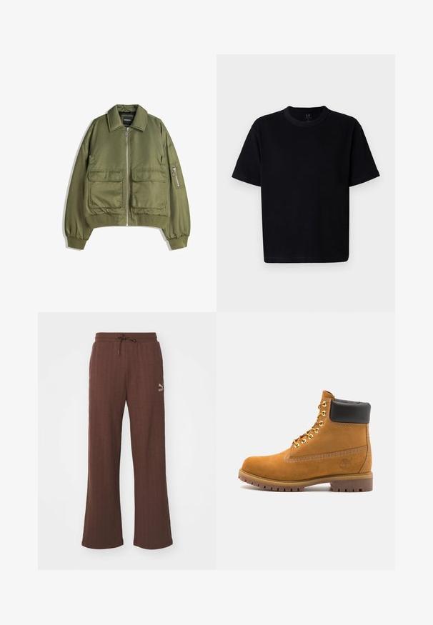 Olivegrüner Bomberjacke aus leichtem Material, mit Reißverschluss vorne, zwei Vorderaschen und gerippten Bündchen und Saum.; Schwarzes Baumwoll-T-Shirt mit Rundhalsausschnitt, kurzen Ärmeln und geradem Schnitt. Minimale Nähte und eine weiche, glatte Textur.; Puma RELAXED TRACK PANTS - Jogginghose - espresso brown; Beige Wildleder-Ankle-Boot mit schwarzem gepolstertem Kragen, goldenen Metallösen, weißen Nähdetalben und einer robusten Gummisohle mit ausgeprägtem Profil.