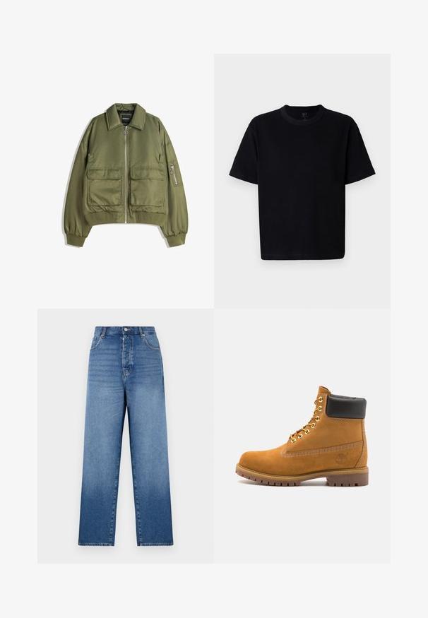 Jasnozielona bomberka wykonana z lekkiego materiału, z zamkiem z przodu, dwoma przednimi kieszeniami oraz ściągaczami przy mankietach i u dołu.; Czarna bawełniana koszulka z okrągłym dekoltem, krótkimi rękawami i prostym krojem. Charakteryzuje się minimalnym przeszyciem oraz miękką, gładką fakturą.; Niebieskie dżinsy o wysokim stanie, prostym kroju, z zapięciem na guzik i pięcioma kieszeniami. Posiadają wyblakły odcień i widoczne detale przeszyć.; Beżowe zamszowe botki sięgające kostki z czarną wyściełaną krawędzią, złotymi oczkami, białymi detalami szycia oraz wytrzymałą gumową podeszwą z wyraźnym bieżnikiem.