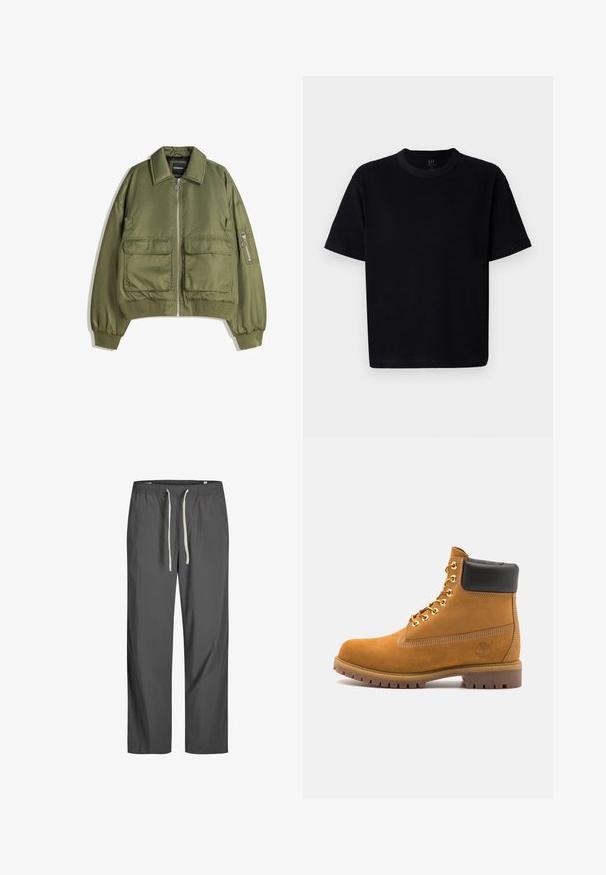 Olivegrüner Bomberjacke aus leichtem Material, mit Reißverschluss vorne, zwei Vorderaschen und gerippten Bündchen und Saum.; Schwarzes Baumwoll-T-Shirt mit Rundhalsausschnitt, kurzen Ärmeln und geradem Schnitt. Minimale Nähte und eine weiche, glatte Textur.; Graue, leichte Hose mit einem elastischen Bund und weißen Kordeln. Lockerer Schnitt, glatte Textur, keine sichtbaren Muster oder Akzente.; Beige Wildleder-Ankle-Boot mit schwarzem gepolstertem Kragen, goldenen Metallösen, weißen Nähdetalben und einer robusten Gummisohle mit ausgeprägtem Profil.