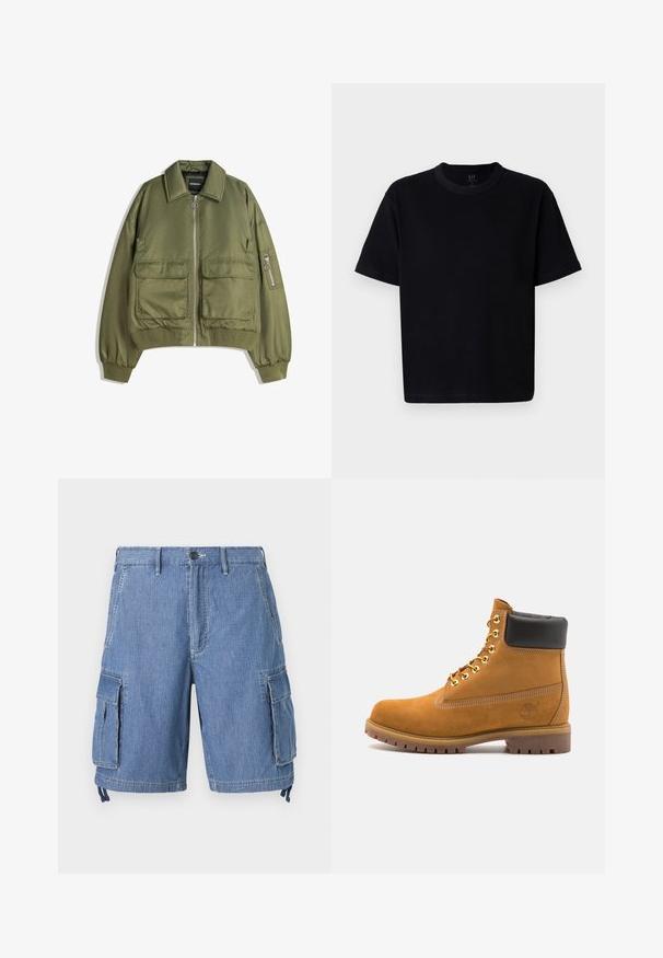 Olivengroene bomberjack van lichtgewicht stof, met een ritssluiting aan de voorkant, twee voorzakken en ribbels aan de mouwen en onderkant.; Zwarte katoenen T-shirt met een ronde halslijn, korte mouwen en een rechte snit. Kenmerkt zich door minimale stiksels en een zachte, gladde textuur.; Blauwe denim cargo shorts met een knoopsluiting, twee voorzakken en twee grote zijflapzakken. Inclusief verstelbare koordjes aan de zoom.; Tan suède enkelboot met zwart gevoerd kraagje, gouden metalen oogjes, witte stikdetails en een robuuste rubberen zool met uitgesproken profiel.