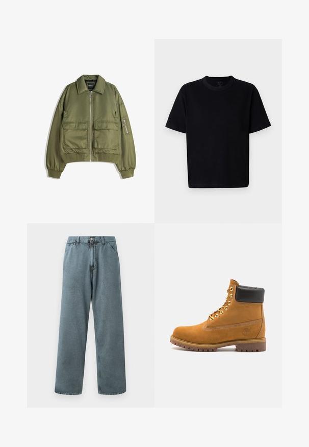 Olive green bomber jacket made of lightweight fabric, featuring a zip front, two front pockets, and ribbed cuffs and hem.; Black cotton t-shirt with a crew neckline, short sleeves, and a straight cut. Features minimal stitching and a soft, smooth texture.; Light blue denim trousers with a straight-leg fit, featuring a classic button closure and five-pocket design. Soft texture and minimal stitching details.; Tan suede ankle boot with black padded collar, gold metal eyelets, white stitching detailing, and rugged rubber sole with pronounced treads.