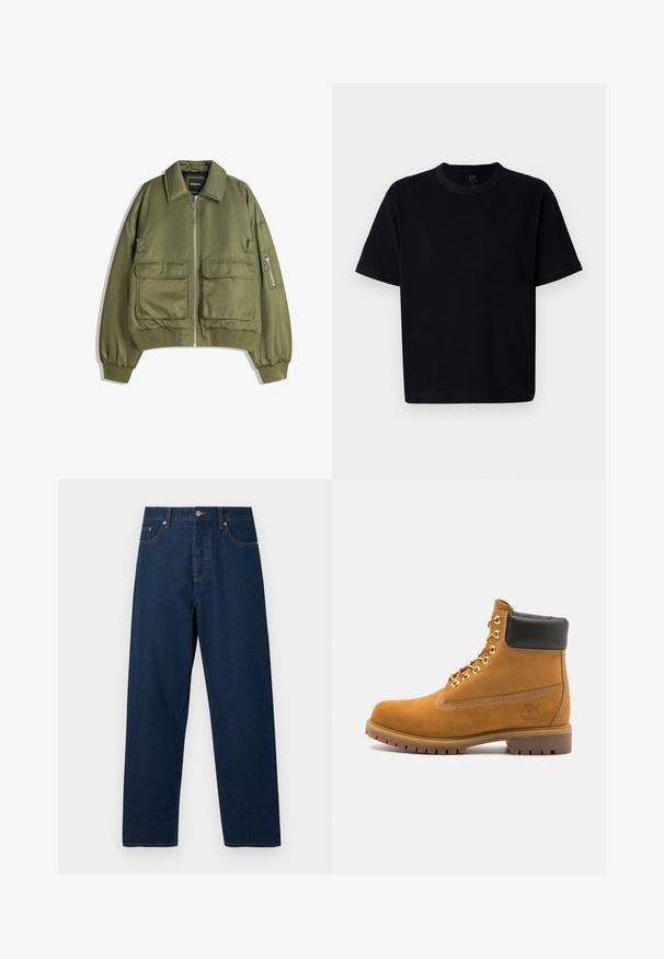 Olivengroene bomberjack van lichtgewicht stof, met een ritssluiting aan de voorkant, twee voorzakken en ribbels aan de mouwen en onderkant.; Zwarte katoenen T-shirt met een ronde halslijn, korte mouwen en een rechte snit. Kenmerkt zich door minimale stiksels en een zachte, gladde textuur.; Donkerblauwe denimjeans met een rechte snit, vijf zakken en een knoopsluiting. Kenmerkt zich door contrasterende stiksels en een klassieke tailleband.; Tan suède enkelboot met zwart gevoerd kraagje, gouden metalen oogjes, witte stikdetails en een robuuste rubberen zool met uitgesproken profiel.