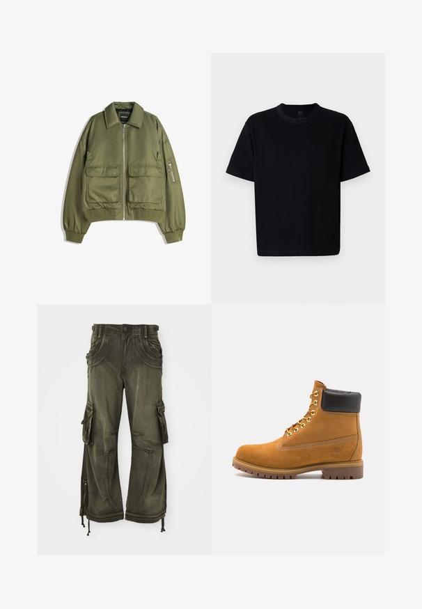Olivnozelena bomberska jakna iz lahkega blaga, z zadrgo spredaj, dvema sprednjima žepoma ter rebrastimi manšetami in robom.; Črna bombažna majica s krojem okoli vratu, kratkimi rokavi in ravnim krojem. Ima minimalno šivanje in mehko, gladko teksturo.; Olivno zeleni vojaški hlače iz bombaža, sproščenega kroja, z bočnimi žepi, zadrgami na gležnjih in vrvicami na robu.; Svetlo rjave anklne čizme iz semiša z črnim oblazinjenim ovratnikom, zlatimi kovinskimi očesci, belimi šivi in robustnim gumijastim podplatom s izrazitimi tredi.