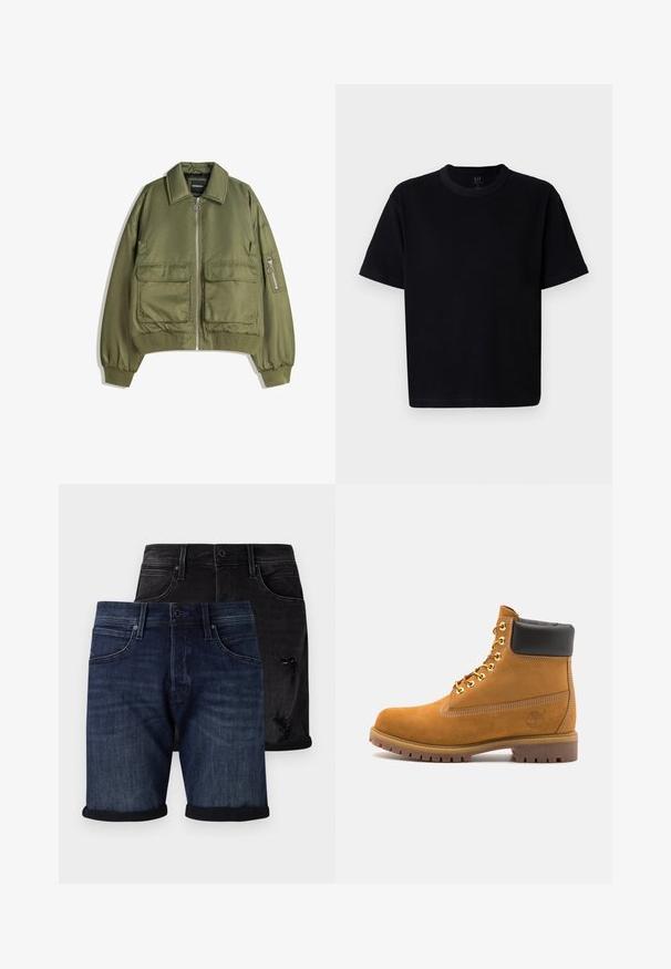 Maslinzha bomber jakna od laganog materijala, s prednjim zatvaračem, dva prednja džepa i rebrastim manžetama i rubom.; Crna pamučna majica s okruglim izrezom, kratkim rukavima i ravnim krojem. Ima minimalne šavove i meku, glatku teksturu.; Set od traper kratkih hlača koji se sastoji od tamnoplave verzije s preklopljenim rubovima i crnih pohabanih hlača. Obje imaju klasični stil s pet džepova.; Antracitne antilop čizme do gležnjeva s crnim podstavljenim ovratnikom, zlatnim metalnim rupicama, bijelim šavovima i robusnom gumenom potplatom s izraženim šarama.