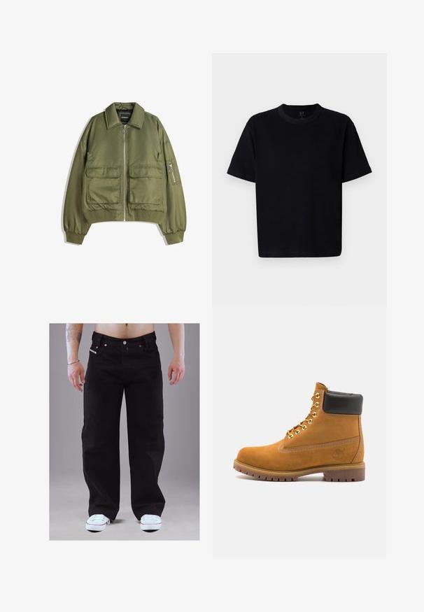 Olive green bomber jacket made of lightweight fabric, featuring a zip front, two front pockets, and ribbed cuffs and hem.; Black cotton t-shirt with a crew neckline, short sleeves, and a straight cut. Features minimal stitching and a soft, smooth texture.; Black denim pants with a straight-leg design, five pockets, metal button closure, and visible stitching. Paired with white sneakers.; Tan suede ankle boot with black padded collar, gold metal eyelets, white stitching detailing, and rugged rubber sole with pronounced treads.