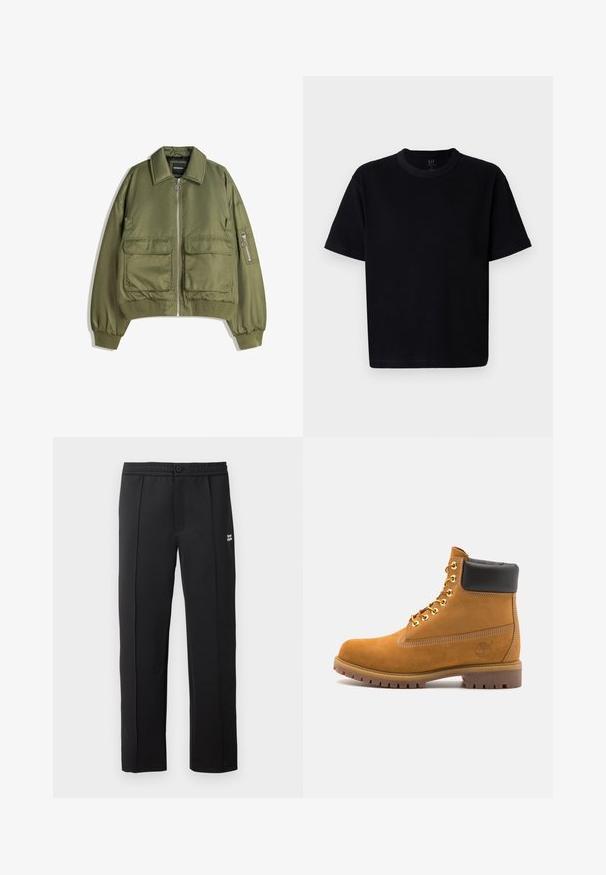 Olivovo zelená bombera vyrobená z ľahkej tkaniny, s predným zipsom, dvoma prednými vreckami a rebrovanými manžetami a spodným lemom.; Čierne bavlnené tričko s okrúhlym výstrihom, krátkymi rukávmi a rovný strih. Obsahuje minimálne švy a má mäkkú, hladkú textúru.; Čierne nohavice z hladkej látky, s gombíkovým zapínaním, bočnými vreckami a malým logom na prednej strane. Strih s rovnými nohavicami.; Tyrkysové semišové členkové topánky s čiernym polstrovaným golierom, zlatými kovovými očkami, bielym prešívaním a robustnou gumovou podrážkou s výraznými drážkami.
