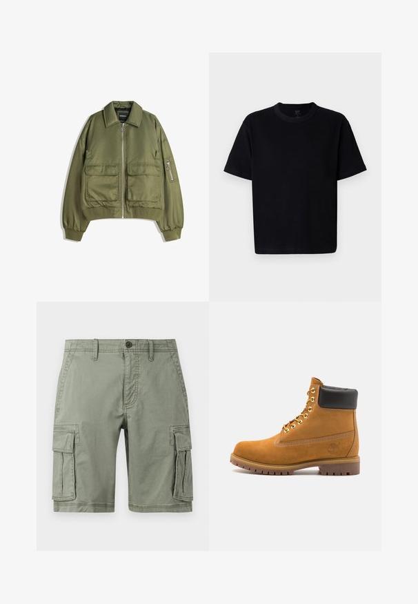 Giacca bomber verde oliva realizzata in tessuto leggero, con zip frontale, due tasche anteriori e polsini e orlo a costine.; Maglietta nera in cotone con scollatura rotonda, maniche corte e taglio dritto. Presenta cuciture minime e una texture morbida e liscia.; Pantaloni cargo verdi realizzati in misto cotone, dotati di due tasche laterali, chiusura con bottone e design a gamba dritta.; Stivale alla caviglia in suede tan con collare imbottito nero, occhielli in metallo dorato, dettagli in cucitura bianca e suola in gomma robusta con battistrada pronunciato.