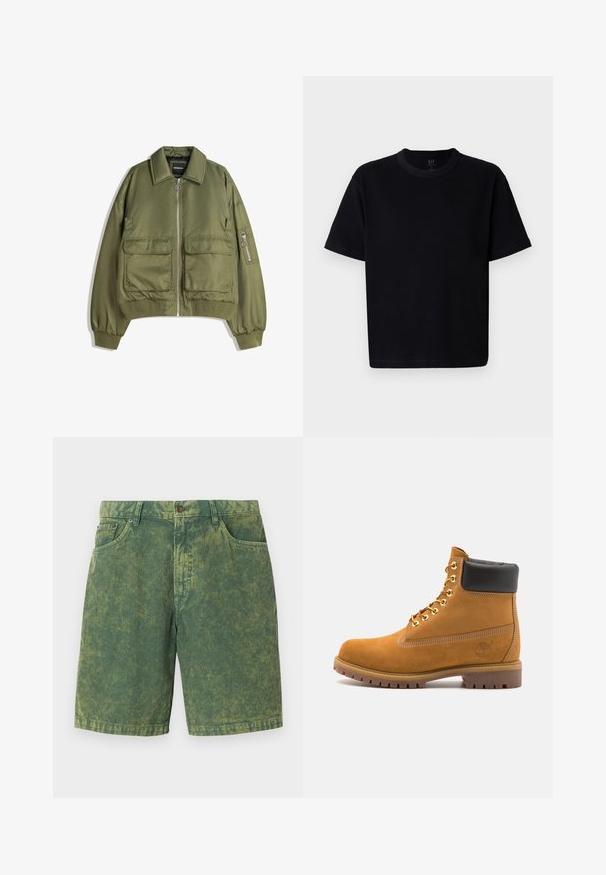Olivově zelená bomber bunda vyrobená z lehké látky, s předním zipem, dvěma předními kapsami a žebrovanými manžetami a lemem.; Černé bavlněné tričko s kulatým výstřihem, krátkými rukávy a rovného střihu. Má minimální švy a jemnou, hladkou texturu.; Zelené kordové šortky s texturovaným ribbovým vzorem, pět kapsami a knoflíkovým zapínáním. Zanedbatelné světlejší detaily po celém povrchu.; Hnědé semišové kotníkové boty s černým polstrovaným límcem, zlatými kovovými očky, bílým prošíváním a odolnou gumovou podrážkou s výraznými drážkami.