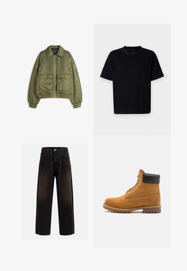 Olivovo zelená bombera vyrobená z ľahkej tkaniny, s predným zipsom, dvoma prednými vreckami a rebrovanými manžetami a spodným lemom.; Čierne bavlnené tričko s okrúhlym výstrihom, krátkymi rukávmi a rovný strih. Obsahuje minimálne švy a má mäkkú, hladkú textúru.; Čierne denimové džínsy s uvoľneným strihom, s pútkami na opasok, dizajnom s piatimi vreckami a zapínaním na gombík. Textúrovaná látka so slabým vyblednutím.; Tyrkysové semišové členkové topánky s čiernym polstrovaným golierom, zlatými kovovými očkami, bielym prešívaním a robustnou gumovou podrážkou s výraznými drážkami.