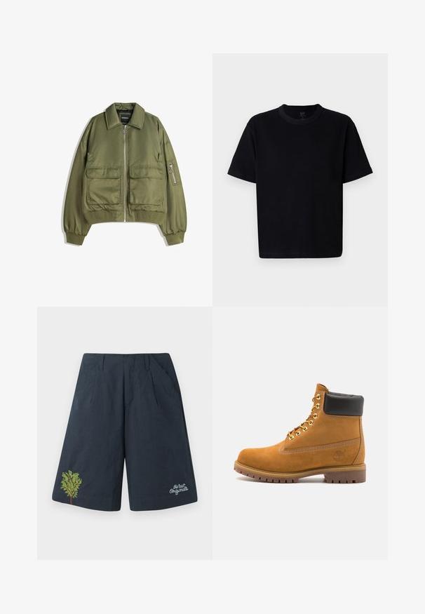 Oliivinvihreä bomber-takki, joka on valmistettu kevyestä kankaasta. Takissa on vetoketjukiinnitys, kaksi etutaskua sekä resorit hihoissa ja helmassa.; Musta puuvillapaita, jossa on pyöreä pääntie, lyhyet hihat ja suora leikkaus. Ominaisuuksiin kuuluu minimaalinen ommel ja pehmeä, sileä tekstuuri.; Tummansiniset shortsit, jotka on valmistettu kevyestä kankaasta. Näissä on vihreä brodeerattu puukuvio ja valkoinen logo oikeassa alakulmassa.; Valkoinen nahkainen nilkkuri mustalla pehmustetulla kauluksella, kultaisilla metallisilla rei'illä, valkoisella ompeluksella ja jykevällä kumipohjalla, jossa on selvästi näkyvät urat.