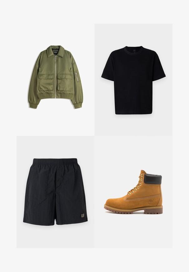 Jachetă bomber verde măsliniu, realizată dintr-un material ușor, cu fermoar în față, două buzunare frontale și tivuri și manșete ribbate.; T-Shirt negru din bumbac, cu guler rotund, mâneci scurte și croială dreaptă. Prezintă cusături minime și o textura moale, netedă.; Shorts negri cu un talie elastică, având un eticheta cu logo în colțul din dreapta jos, realizate dintr-un material ușor, cu o textură încâlcită.; Cizmă de gleznă din întoarsă de culoare bej, cu guler negru căptușit, ochiuri din metal auriu, detalii de cusătură albă și talpă din cauciuc robustă, cu un model pronunțat.