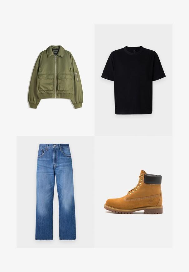 Maslinzha bomber jakna od laganog materijala, s prednjim zatvaračem, dva prednja džepa i rebrastim manžetama i rubom.; Crna pamučna majica s okruglim izrezom, kratkim rukavima i ravnim krojem. Ima minimalne šavove i meku, glatku teksturu.; Svijetloplavi traperice širokog kroja, s pet džepova, prednjim kopčanjem na gumb i suptilnim izblijeđivanjem na prednjoj strani.; Antracitne antilop čizme do gležnjeva s crnim podstavljenim ovratnikom, zlatnim metalnim rupicama, bijelim šavovima i robusnom gumenom potplatom s izraženim šarama.