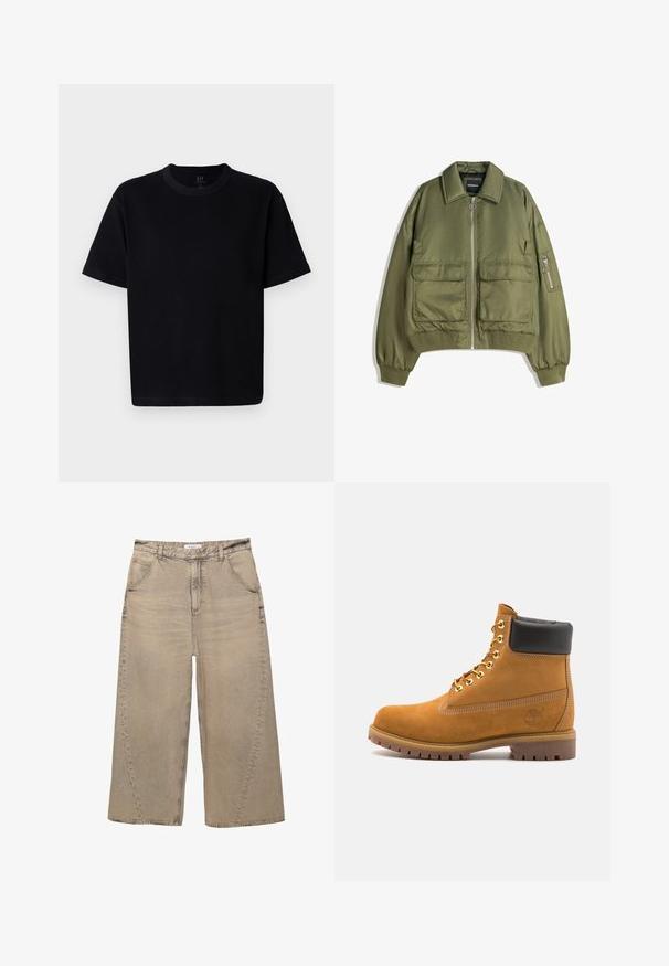 Olivnozelena bomberska jakna iz lahkega blaga, z zadrgo spredaj, dvema sprednjima žepoma ter rebrastimi manšetami in robom.; Črna bombažna majica s krojem okoli vratu, kratkimi rokavi in ravnim krojem. Ima minimalno šivanje in mehko, gladko teksturo.; PULL&BEAR MEGA BAGGY - Vrečaste kavbojke - light grey; Svetlo rjave anklne čizme iz semiša z črnim oblazinjenim ovratnikom, zlatimi kovinskimi očesci, belimi šivi in robustnim gumijastim podplatom s izrazitimi tredi.