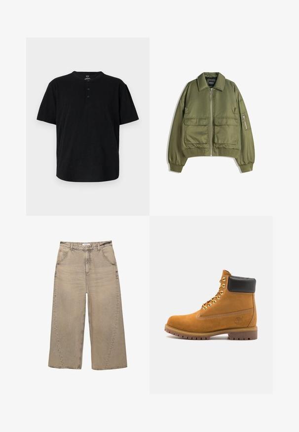 Olivengrøn bomberjakke lavet af letvægtsstof, med lynlås foran, to frontlommer og ribbede manchetter og kant.; Sort T-shirt med korte ærmer, rund hals, tre knapper og en afslappet pasform. Fremstillet af et blødt, tekstureret stof.; PULL&BEAR MEGA BAGGY - Baggy jeans - light grey; Tan nubuck ankelstøvle med sort polstret krave, gyldne metaløjer, hvid syning detaljer og robust gummisål med udtalte slidbaner.
