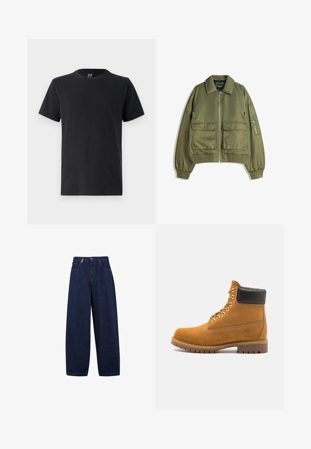 Olivově zelená bomber bunda vyrobená z lehké látky, s předním zipem, dvěma předními kapsami a žebrovanými manžetami a lemem.; Černé bavlněné tričko s kulatým výstřihem a krátkými rukávy. Hladká textura, běžný střih, s logem GAP na límci.; Volné tmavě modré džíny s vysokým pasem, předními kapsami a rovnými nohavicemi. Obsahují stříbrné detaily a minimální šití.; Hnědé semišové kotníkové boty s černým polstrovaným límcem, zlatými kovovými očky, bílým prošíváním a odolnou gumovou podrážkou s výraznými drážkami.