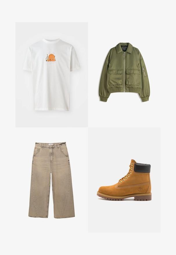 Maslinzha bomber jakna od laganog materijala, s prednjim zatvaračem, dva prednja džepa i rebrastim manžetama i rubom.; Bijela pamučna majica s okruglim izrezom. Na prednjoj strani se nalazi narančasti crtani lik okružen cvijećem i tekstom u ružičastoj boji.; PULL&BEAR MEGA BAGGY - Vrećaste traperice - light grey; Antracitne antilop čizme do gležnjeva s crnim podstavljenim ovratnikom, zlatnim metalnim rupicama, bijelim šavovima i robusnom gumenom potplatom s izraženim šarama.