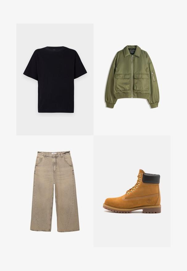 Olivovo zelená bombera vyrobená z ľahkej tkaniny, s predným zipsom, dvoma prednými vreckami a rebrovanými manžetami a spodným lemom.; Čierne tričko s krátkymi rukávmi a okrúhlym výstrihom. Vyrobené z jemnej tkaniny, s voľným strihom a bez viditeľných vzorov alebo akcentov.; PULL&BEAR MEGA BAGGY - Džínsy baggy - light grey; Tyrkysové semišové členkové topánky s čiernym polstrovaným golierom, zlatými kovovými očkami, bielym prešívaním a robustnou gumovou podrážkou s výraznými drážkami.