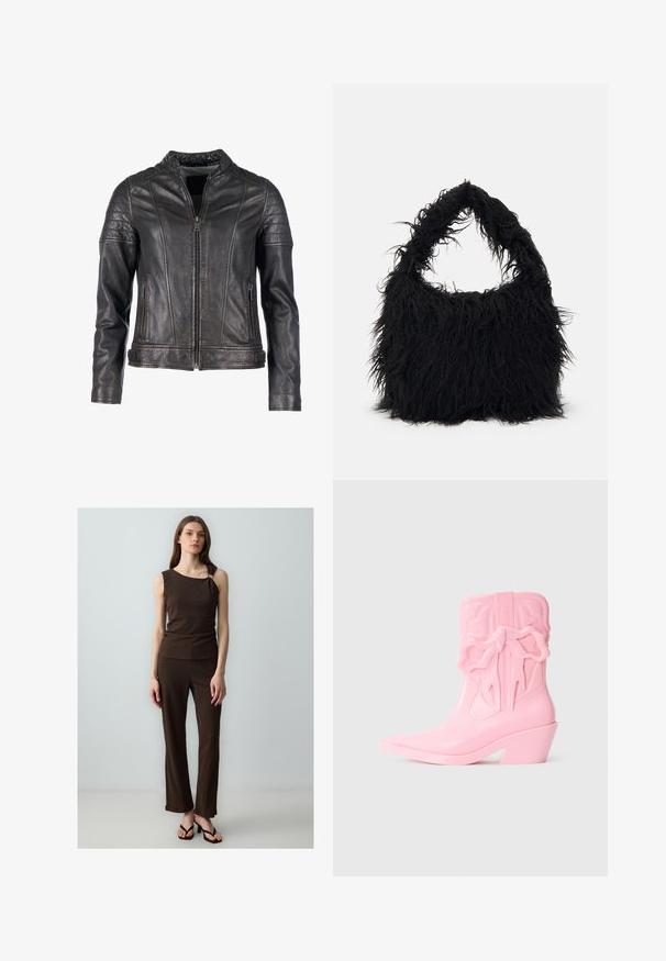 Mustang Lederjacke - schwarz; Zwei Tanktops: eines in einheitlichem Pink mit gerippter Struktur, und eines in Weiß mit roten Herzmotiven. Jedes hat dünne Träger und eine kleine dekorative Schleife.; Braun strukturiertes Zweiteiler-Outfit mit einem ärmellosen Oberteil mit asymmetrischem Ausschnitt und passenden enganliegenden Hosen, ergänzt durch Flip-Flops.; Rosa Plastik-Cowboystiefel mit spitz zulaufender Zehe und dickem Absatz. Mit einer erhöhten Schleifendetail an der Seite und geprägtem Branding. Glatte Textur.; Even&Odd Shopping Bag - black