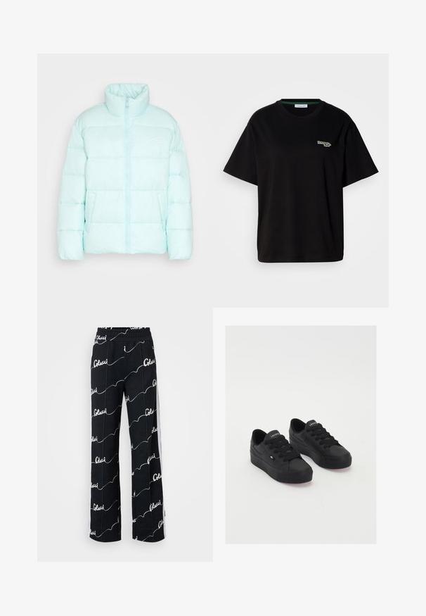 Helle Minz-Futterjacke mit hohem Kragen, Frontreißverschluss und zwei seitlichen Taschen. Trägt ein weißes Logo auf der linken Seite. Glatte Textur.; Schwarzes Baumwoll-T-Shirt mit kurzen Ärmeln, das ein kleines grünes Logo-Detail auf der linken Brust aufweist. Klassischer Rundhalsausschnitt, lockere Passform.; Schwarze weite Hosen mit einem weißen Schriftlogo-Muster. Elastischer Bund mit seitlichen weißen Streifen. Aus weichem Stoff für optimalen Komfort.; Schwarze Low-Top-Sneaker aus glattem Material, mit dicken Schnürsenkeln, einer strukturierten Sohle und einem kleinen Logo an der Seite und auf der Zunge.